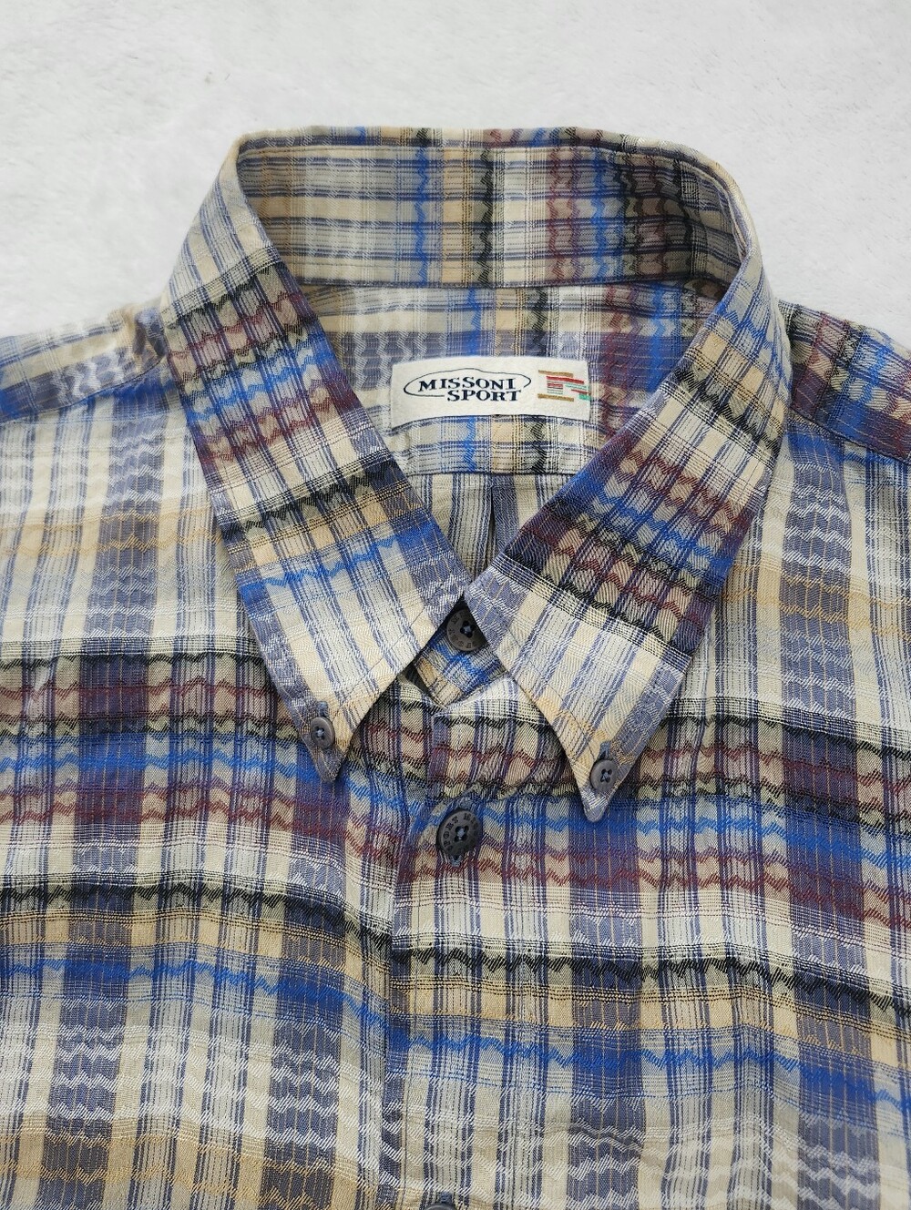 Vintage Missoni Sport Short Sleeve Button-Up Shirt Plaid & Zig-Zag Size XL